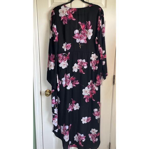 Venus Hi-Low Dress V-Neck Black Pink Floral Liner Bell Cut Out Sleeves Sz 18 - Picture 7 of 15